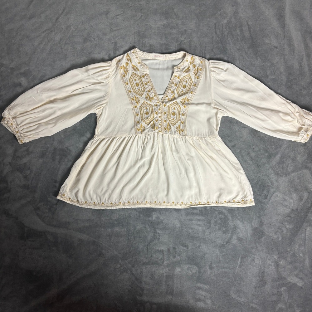 Solitaire Women's M Ivory Embroidered Peasant Blouse Boho Folk Balloon Sleeve